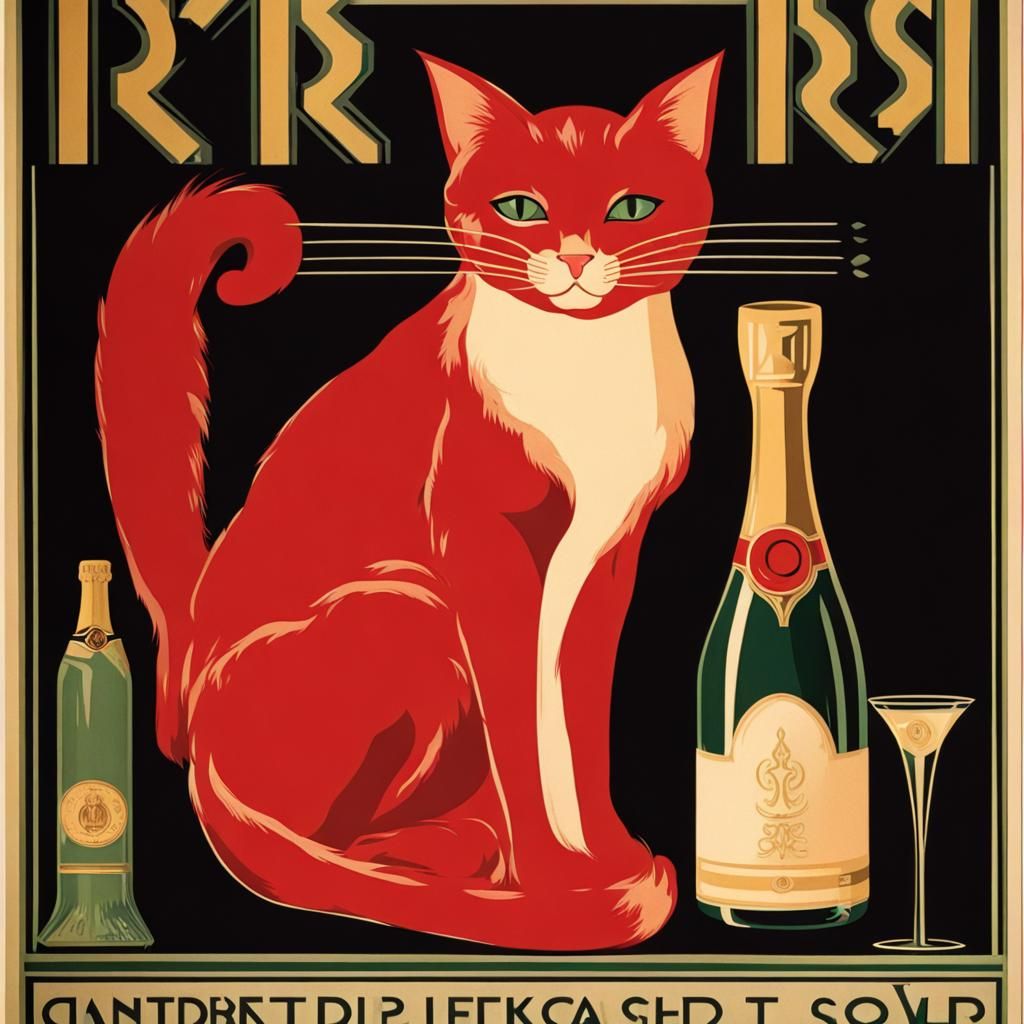 Art Deco Champagne Poster with Red Cat
