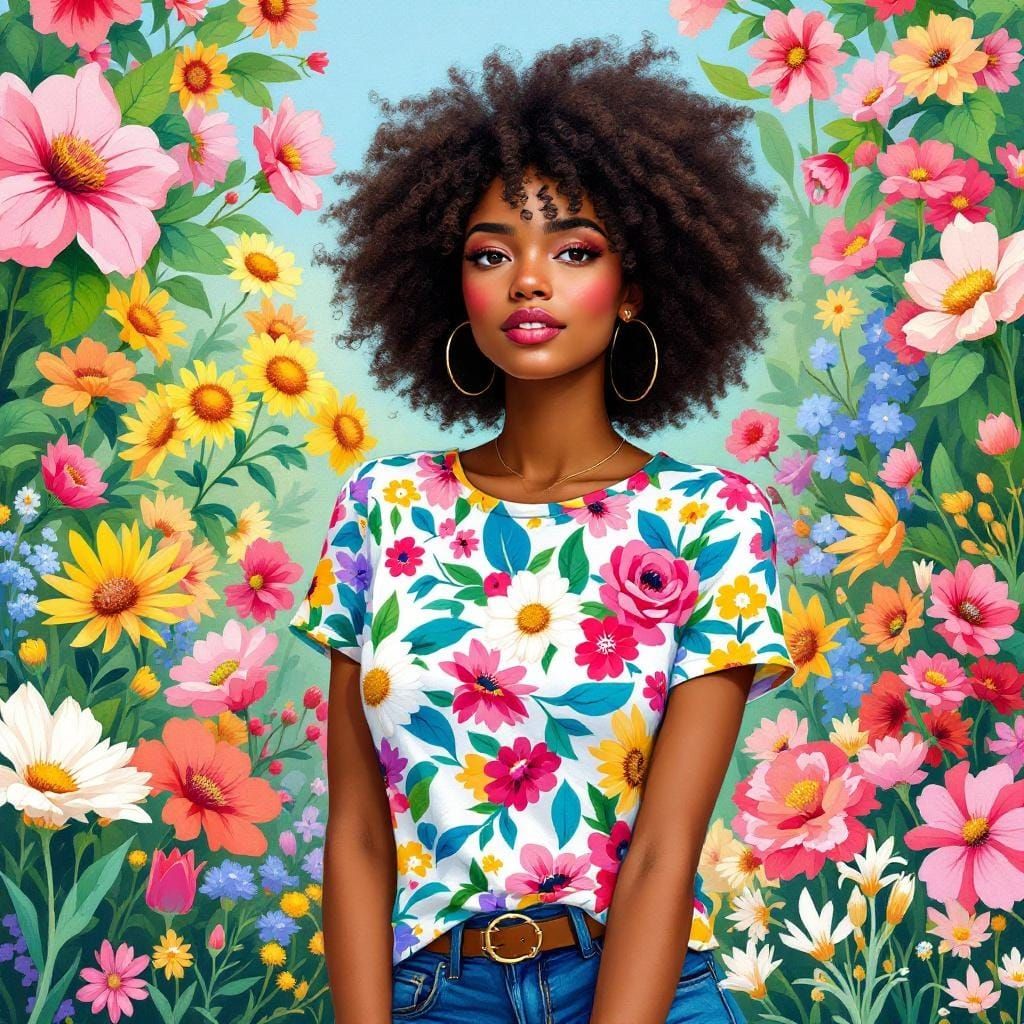 Vibrant Woman in Floral Garden, Digital Illustration