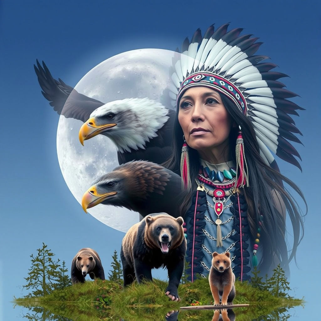 Native American Warrior Woman with Eagle and Bear