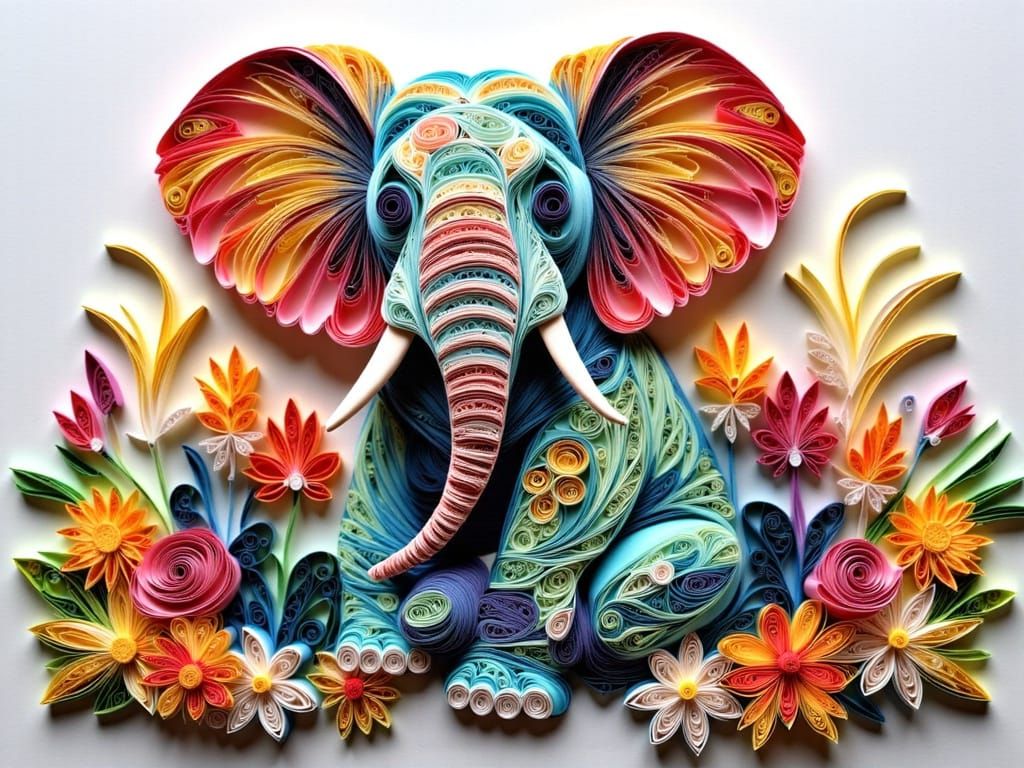 Surreal Paper Quilling Elephant Among Flowers