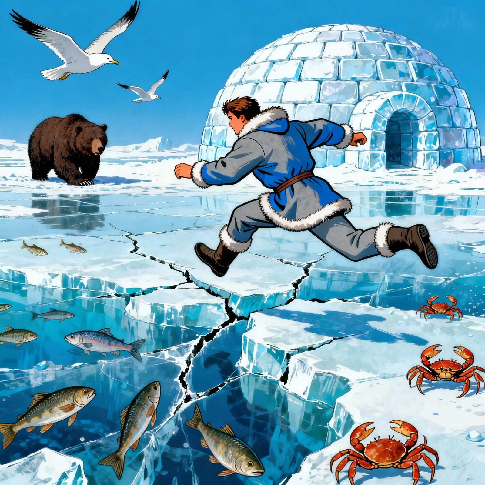 Inuit Leaping Cracked Ice in Atari Style