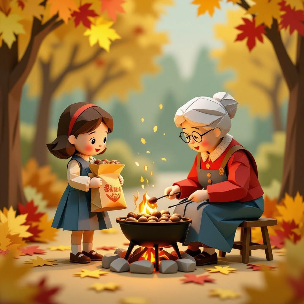 Origami Autumn Scene of Girl and Woman Roasting Chestnuts