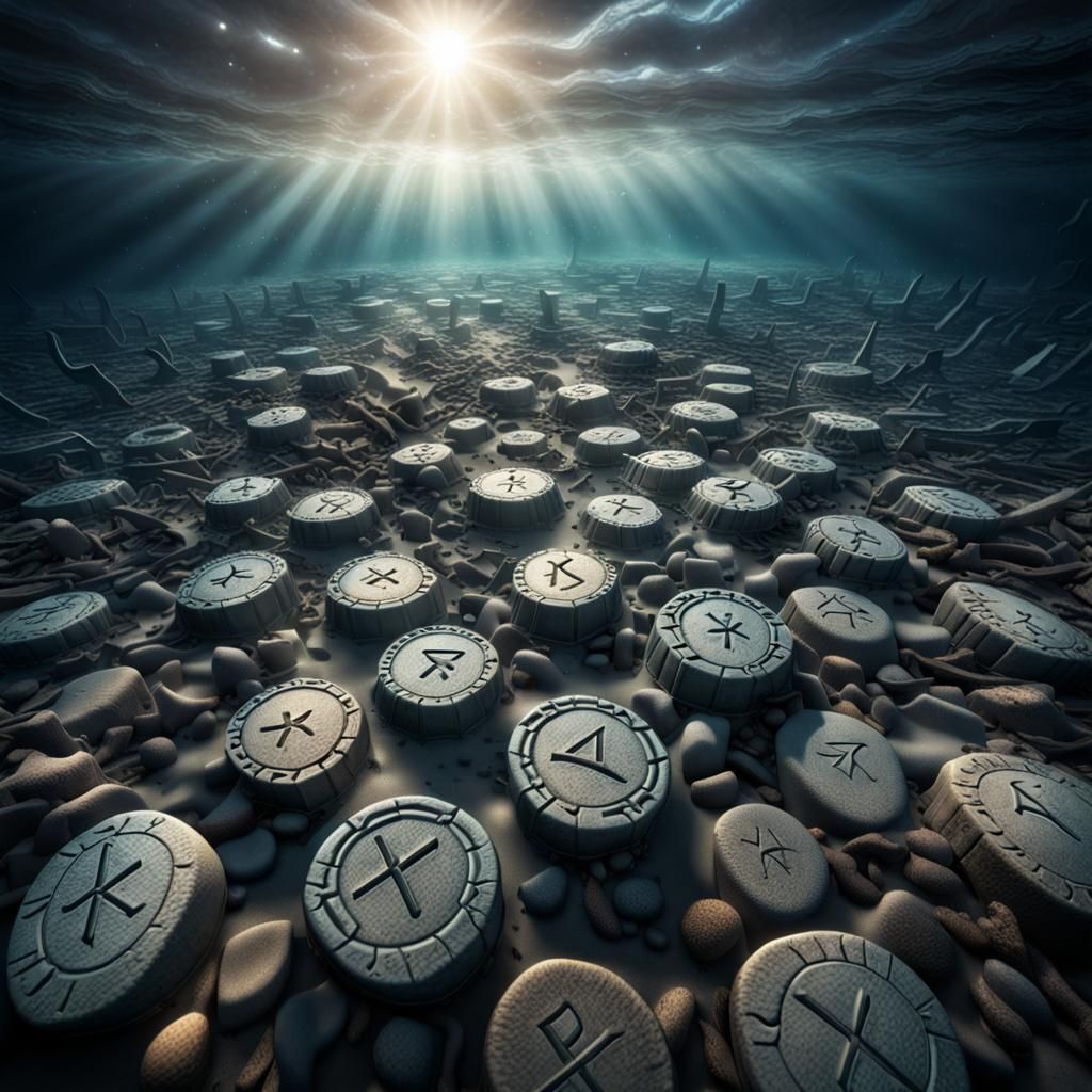 Hyperrealistic Ocean Floor Runes in Fractured Light