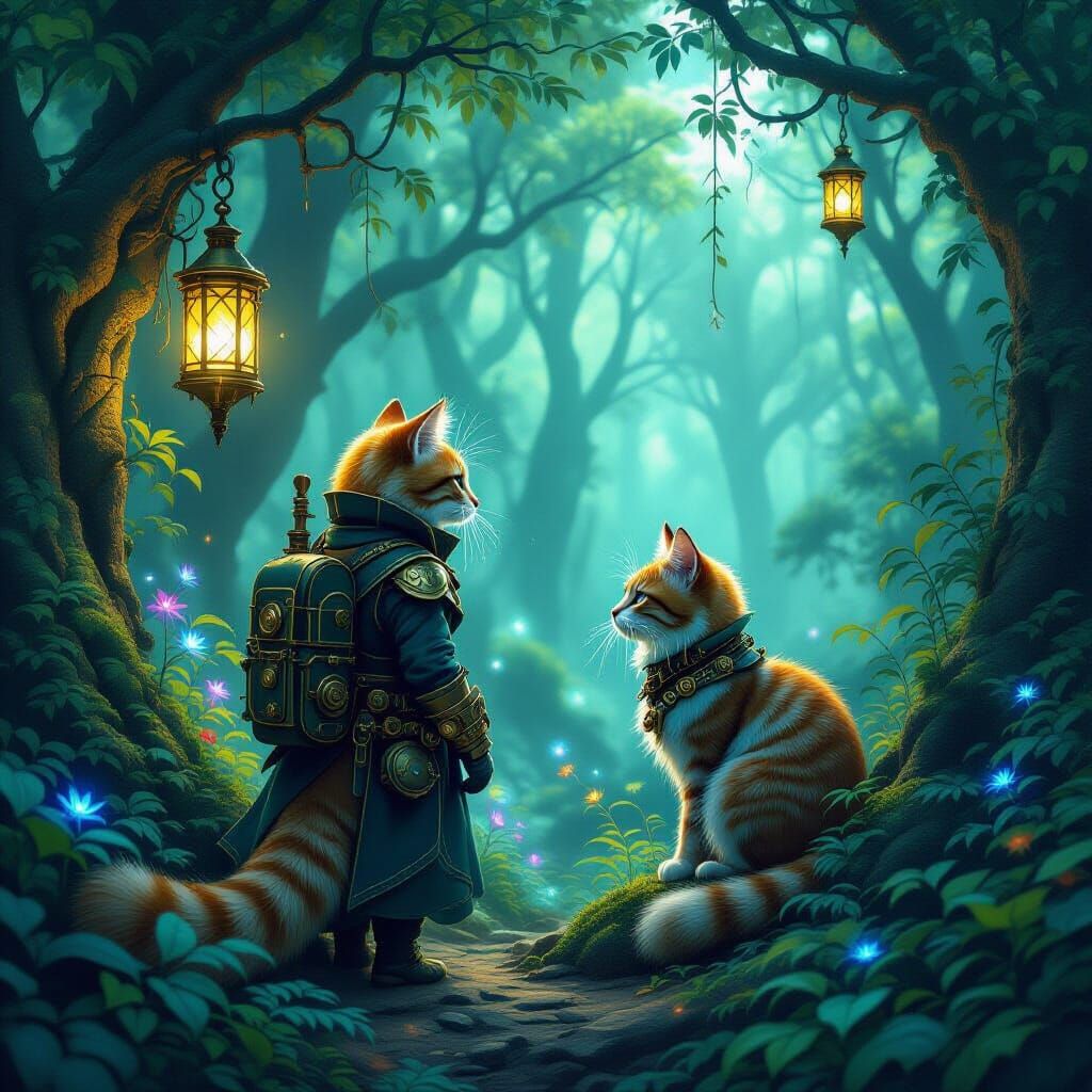 Steampunk Cat Explorer in Bioluminescent Forest