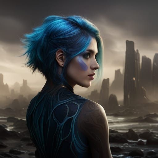 Fantasy Girl with Blue Hair, Digital Art