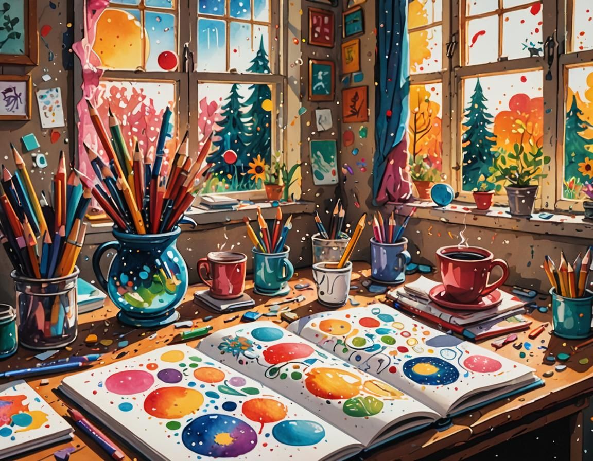 Whimsical Doodles on Notebook Page in Gouache Style