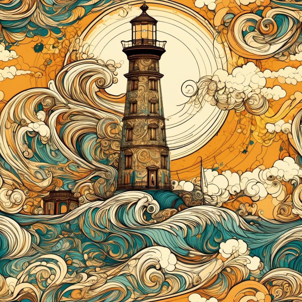 Golden Hour Lighthouse Sea Tempest with Abstract Elements