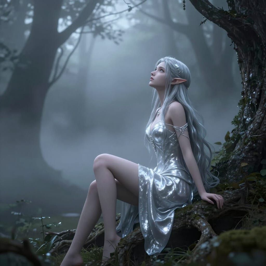 Solemn Elf Sits in Misty Forest, Silver Glow