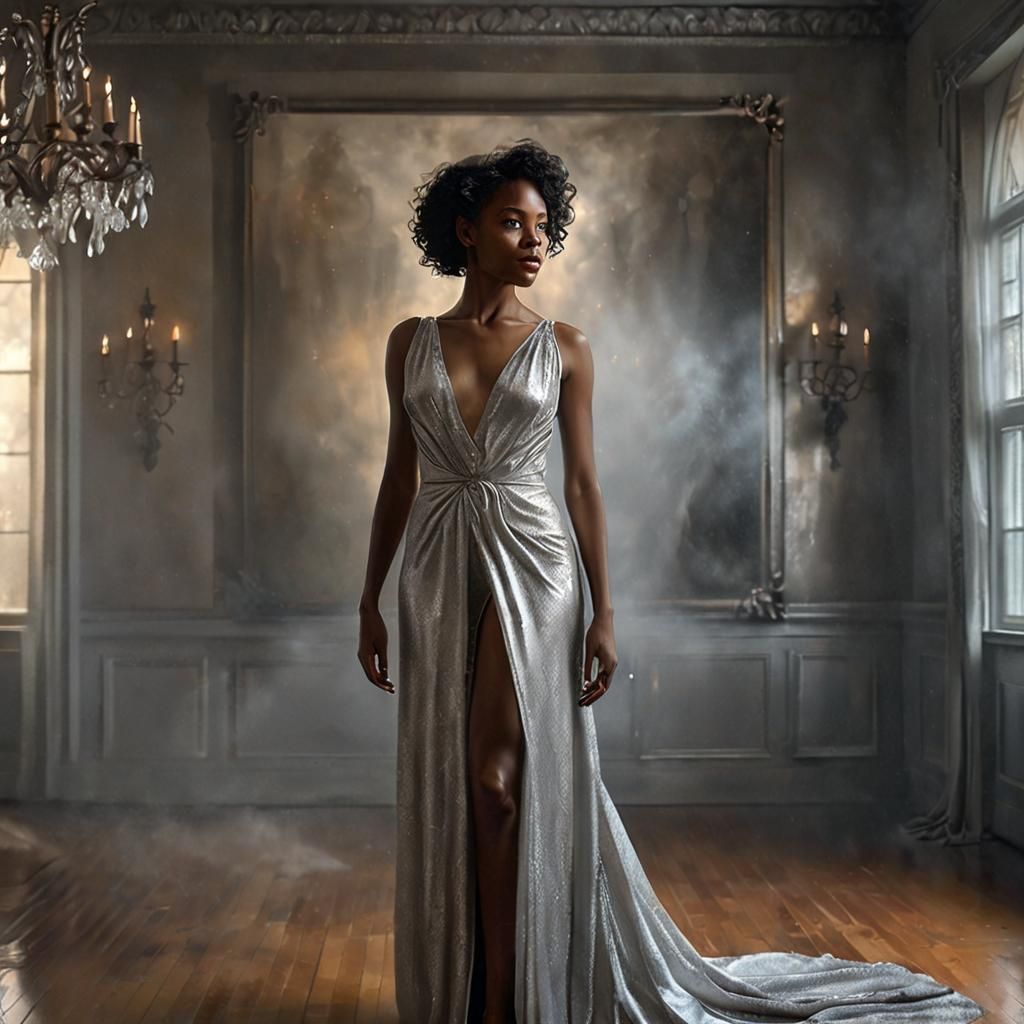 Ethereal Portrait of a Woman in Silver Gown