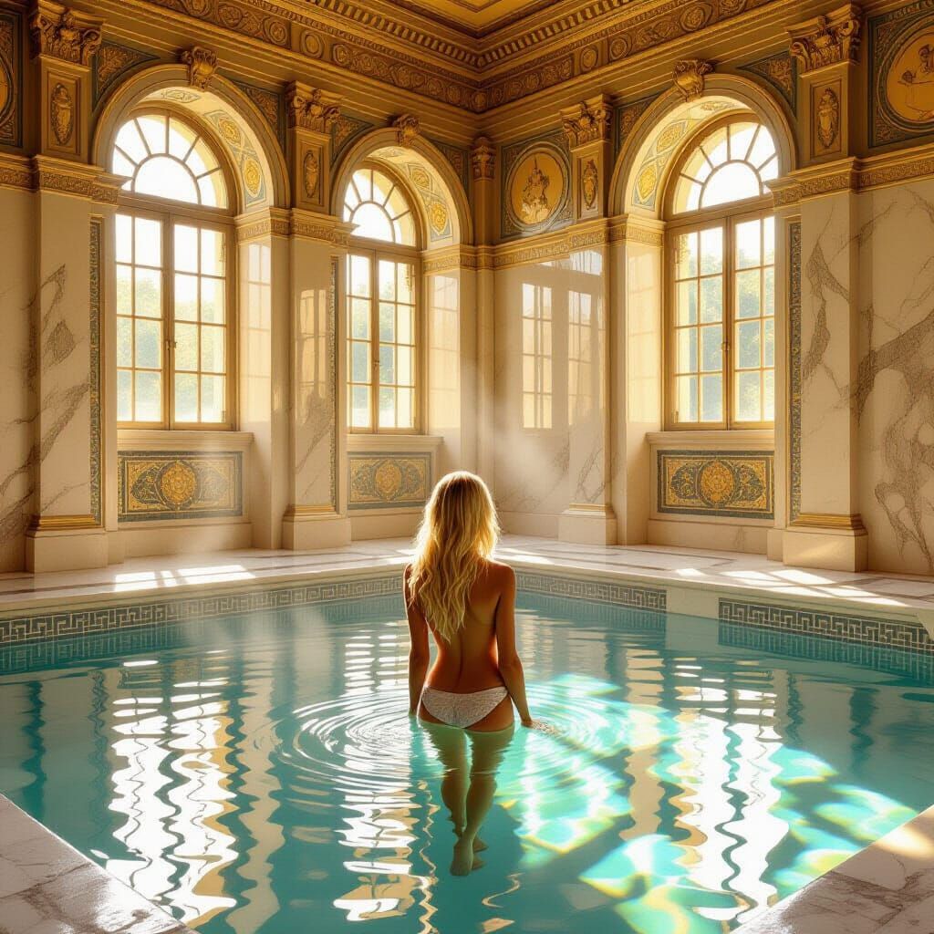 Woman in Opulent Bathhouse with Sunlight