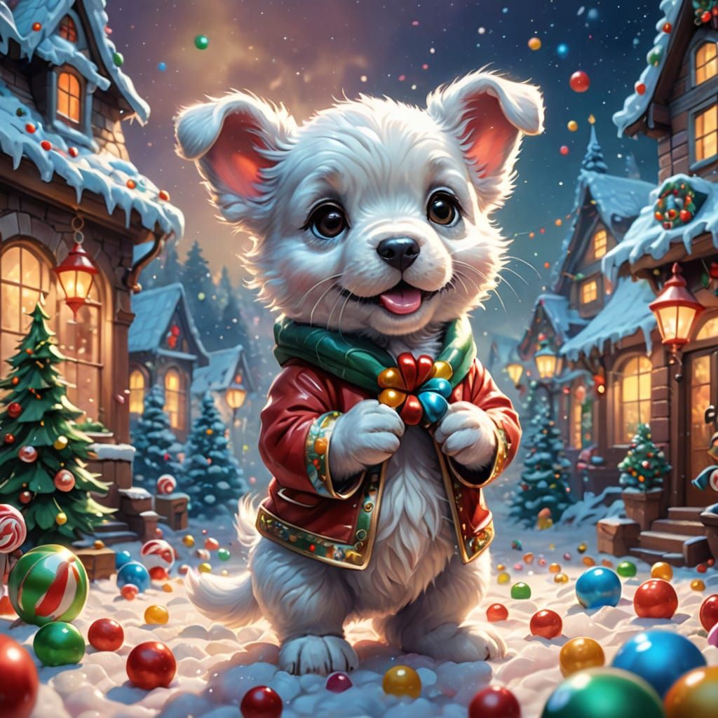 Surreal Christmas Fantasy Puppy in Whimsical Candy Art Style