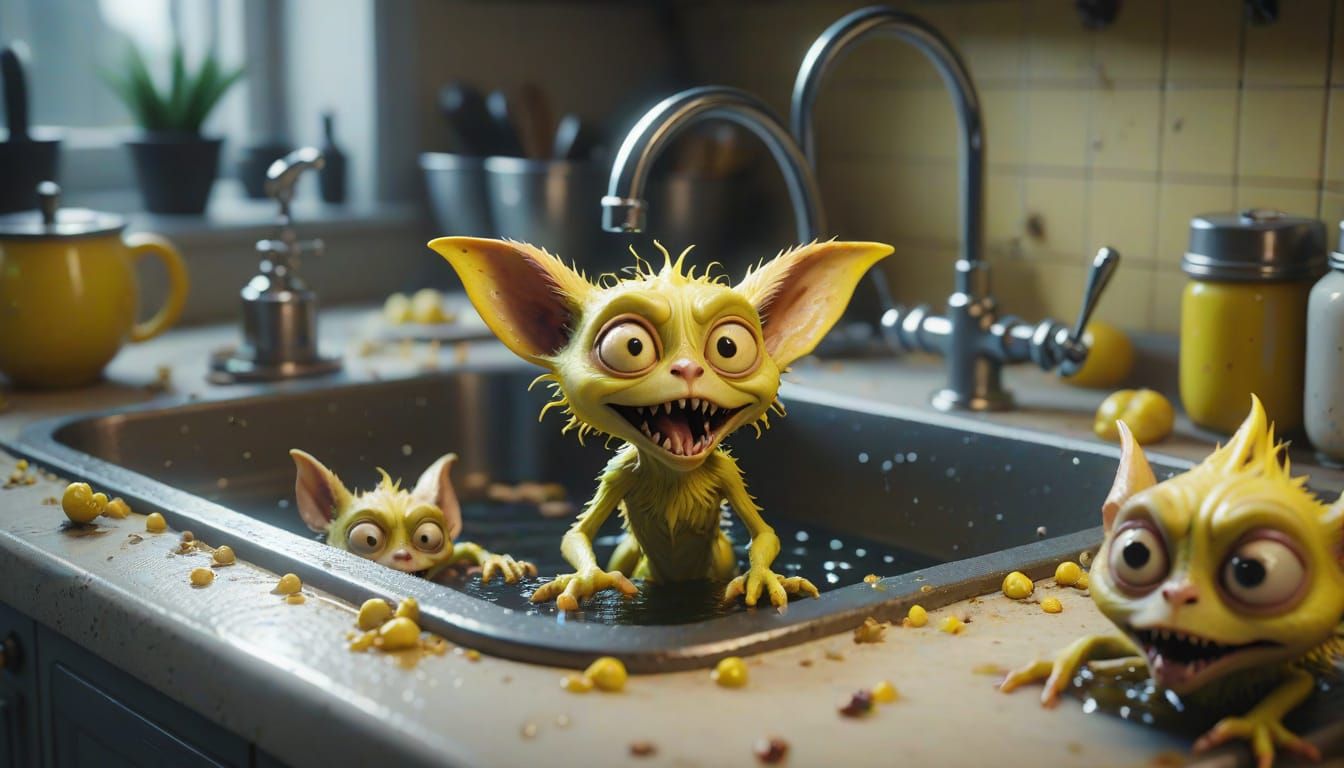 Yellow Gremlins in Kitchen Sink, Aardman Style