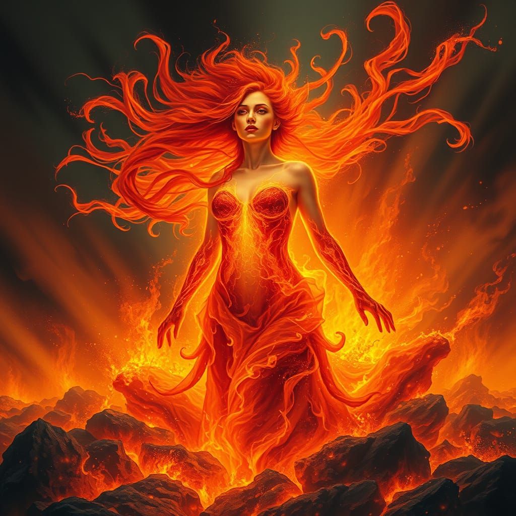 Surreal Goddess of Burning Inferno Illuminated by Golden Fla...