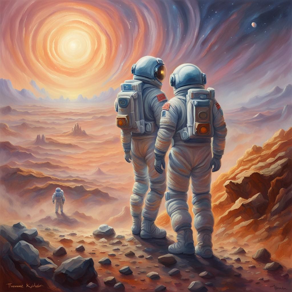 Astronauts Explore Alien Planet in Ethereal Oil Painting