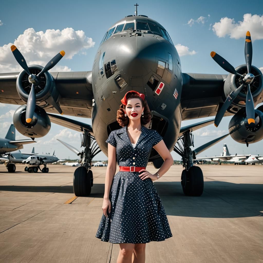 a 1950's pinup girl standing in the foreground of a B-52 bom...