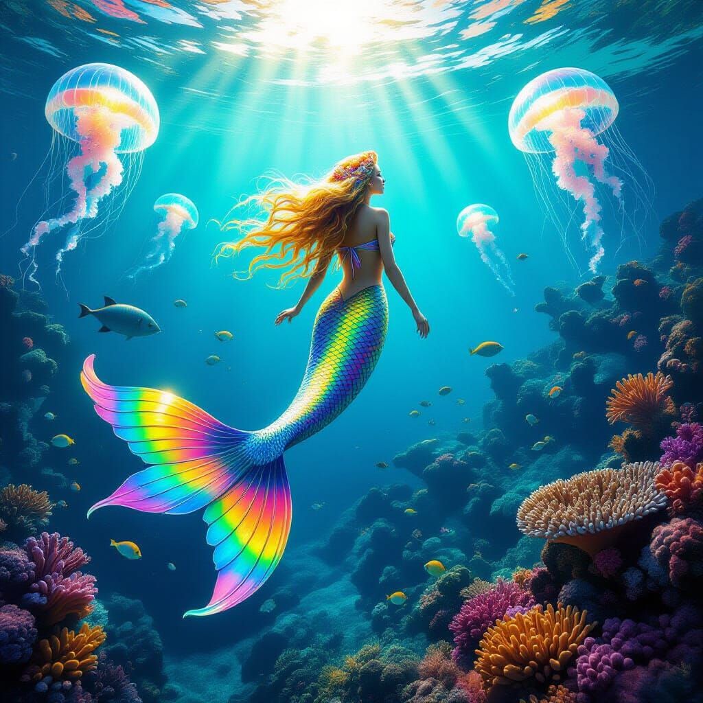 Giant Golden Mermaid Dominates Vibrant Underwater Metropolis