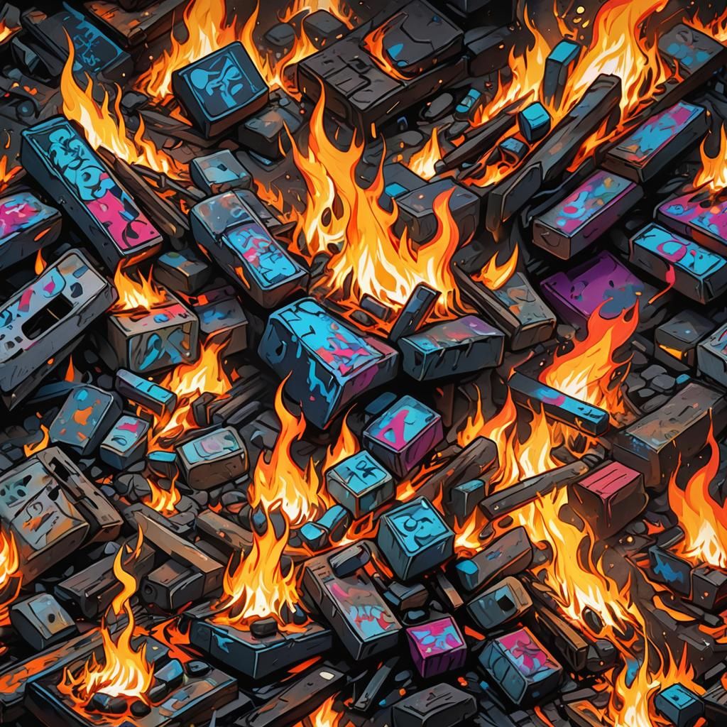 Nighttime Graffiti Art with Glowing Firelight