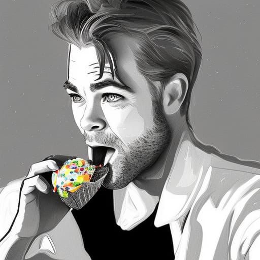 Chris Pine Eating Ice Cream: Hyperrealistic Splash Art