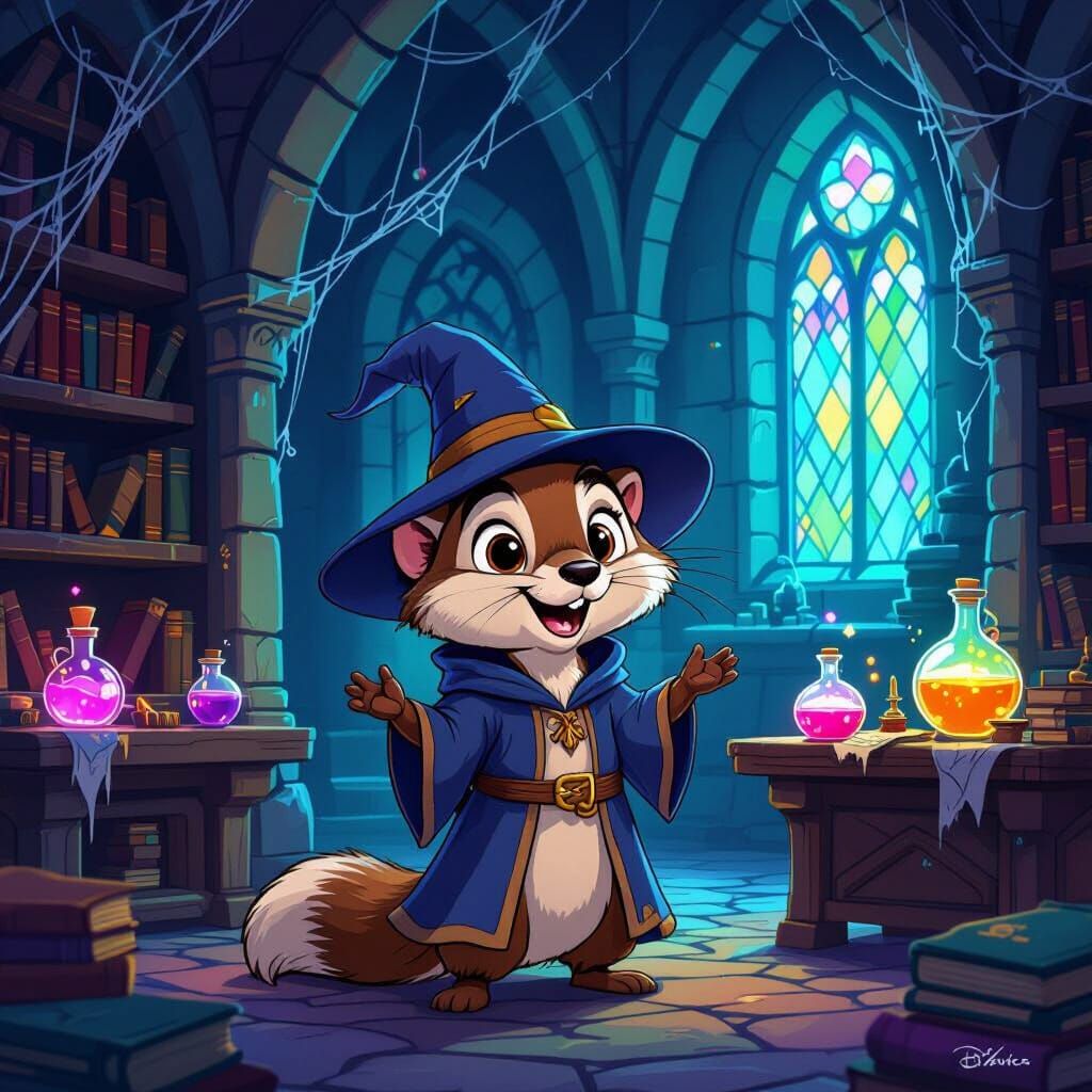Cute Cartoon Ferret Wizard in Magical Castle