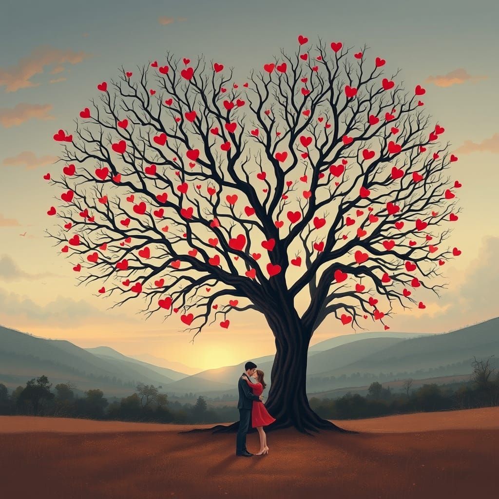 Romantic Embrace Under Heart Tree in Pastel Hues