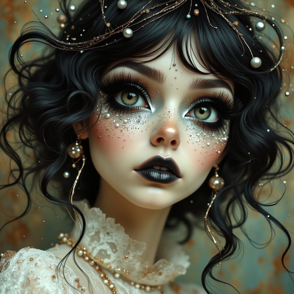 Whimsical Burton-esque Woman with Iridescent Accents