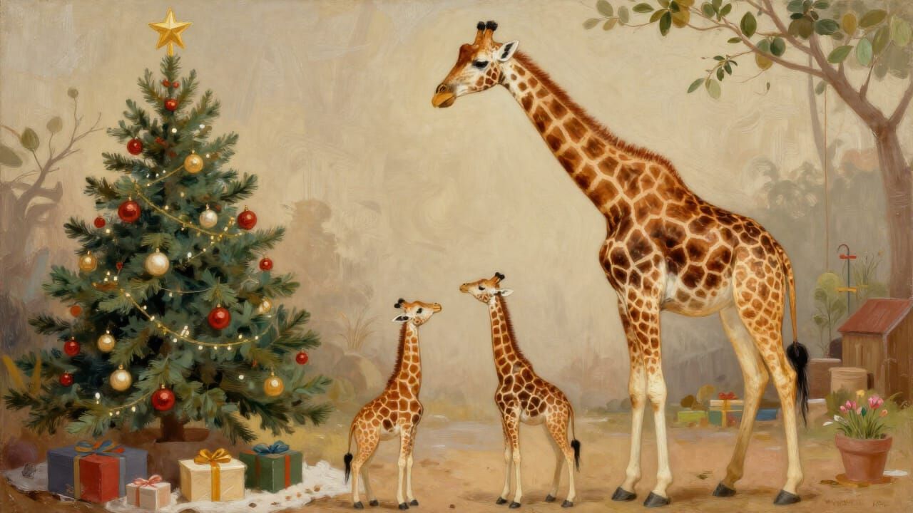Giraffe Family Christmas Celebration Painting