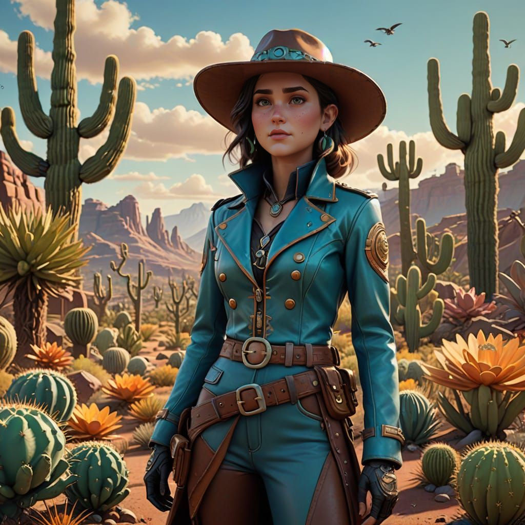 Stylized Wild West Steampunk Female Character in Vibrant Cac...
