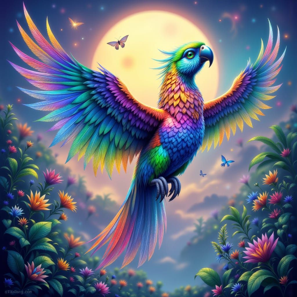Vibrant Giant Parrot Soars Across Ethereal Moonlit Sky