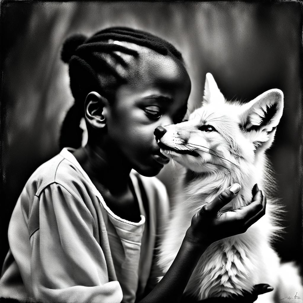 Black and White Photo of Girl Petting Fox