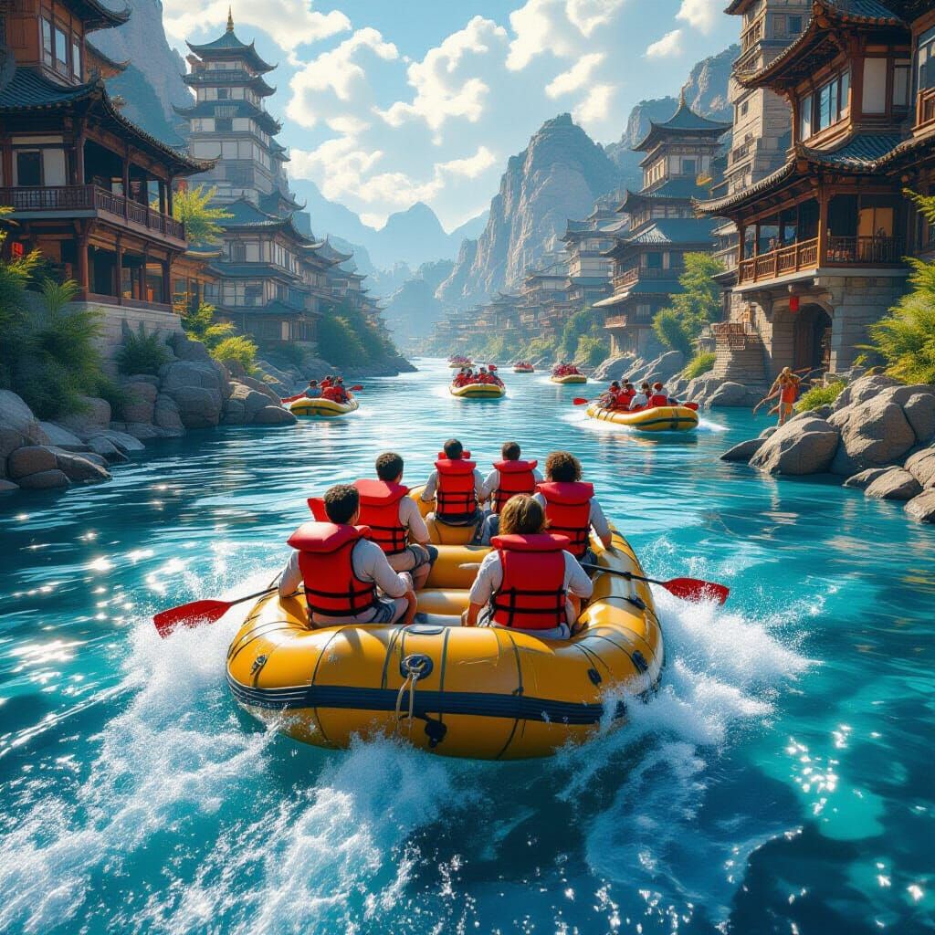 Rafting the River of Time: A Detailed Painting