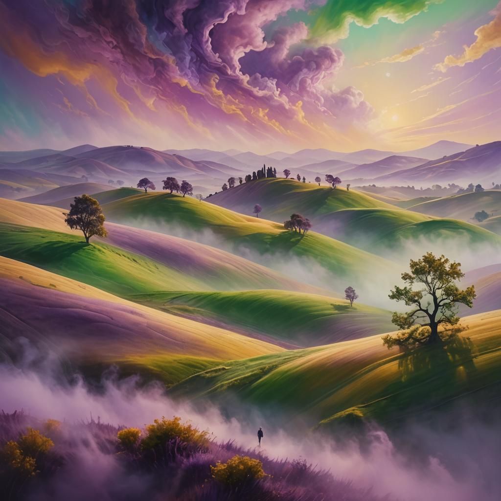 Dreamlike Surreal Landscape with Floating Person