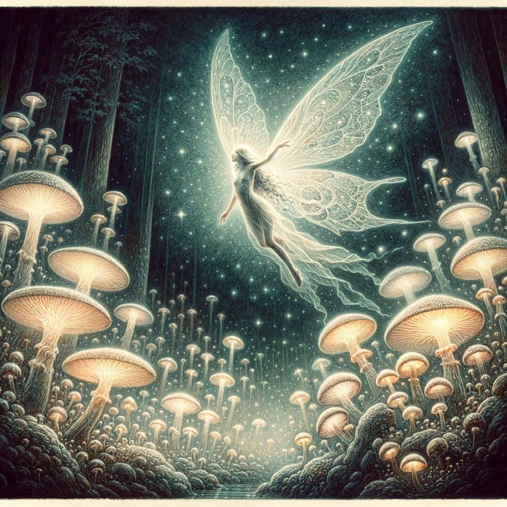 Spectral Fairy Over Bioluminescent Fungi in Moonlight