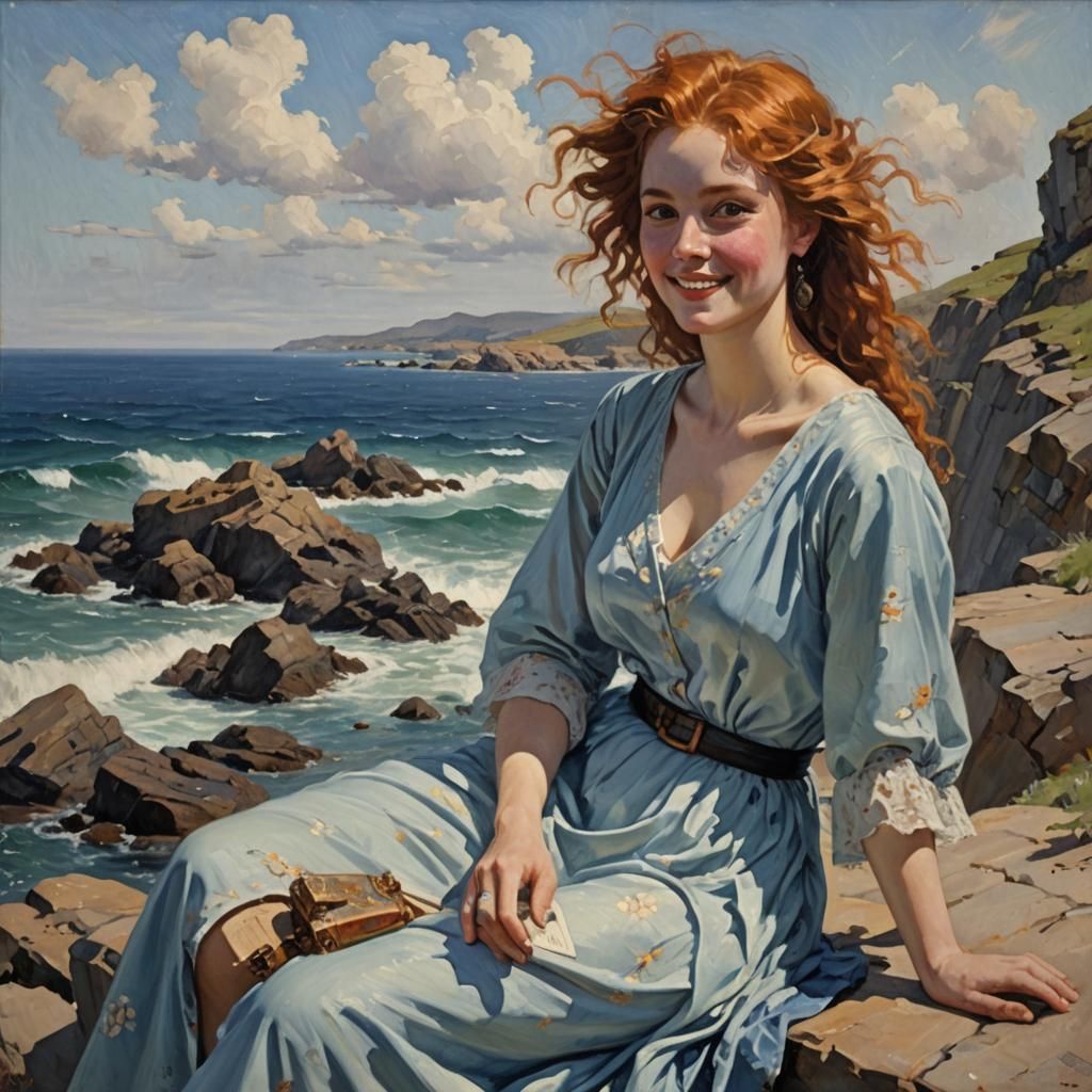 Woman Reading by the Sea: Oil Painting