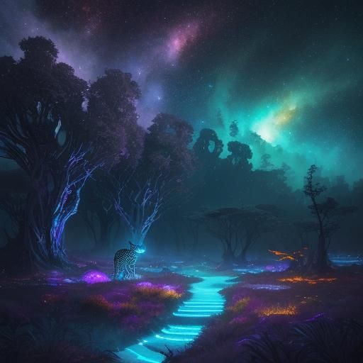 Cosmic Leopard in Starry Forest: Digital Painting