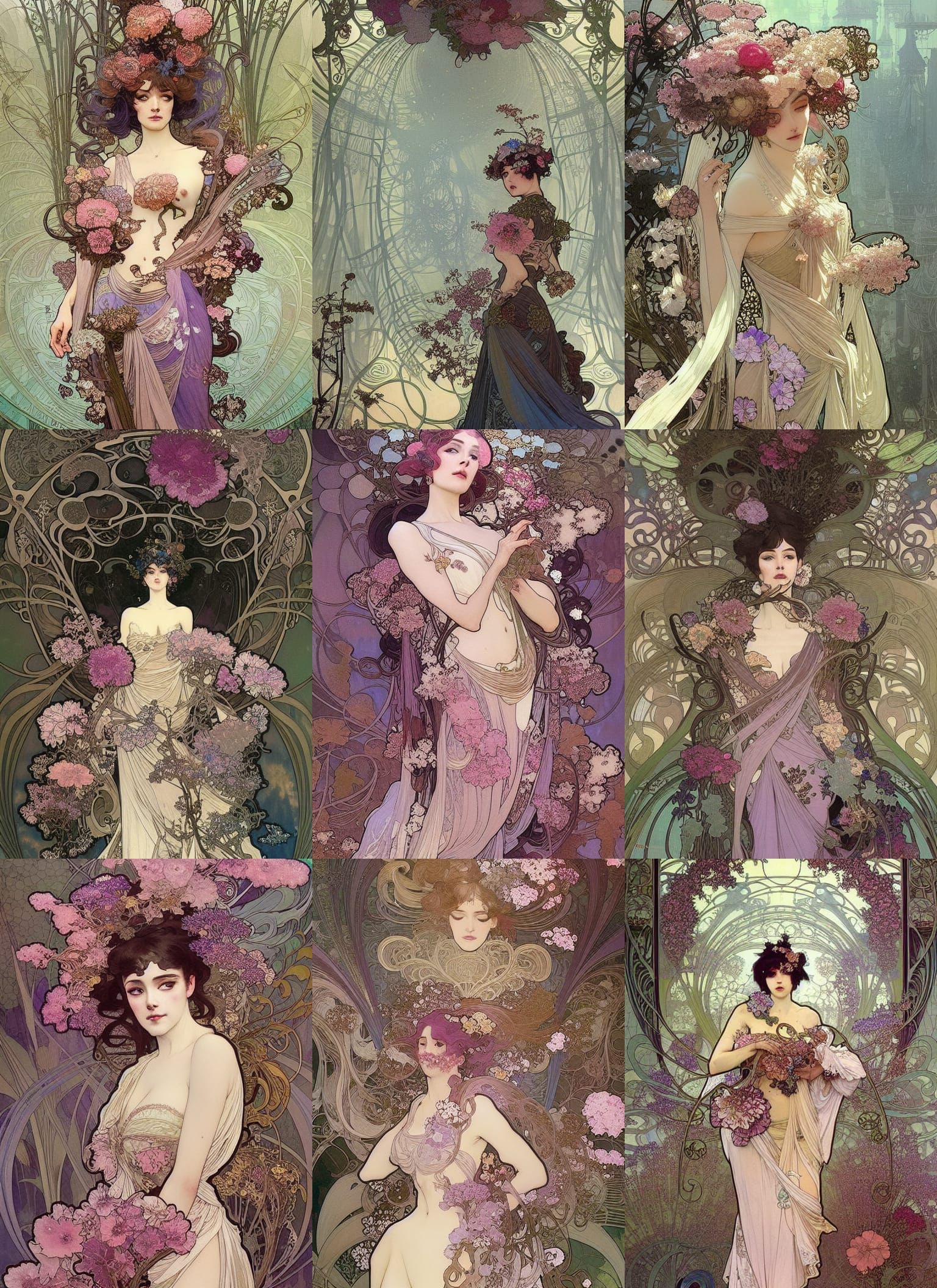 Art Nouveau Woman in Floral Gown
