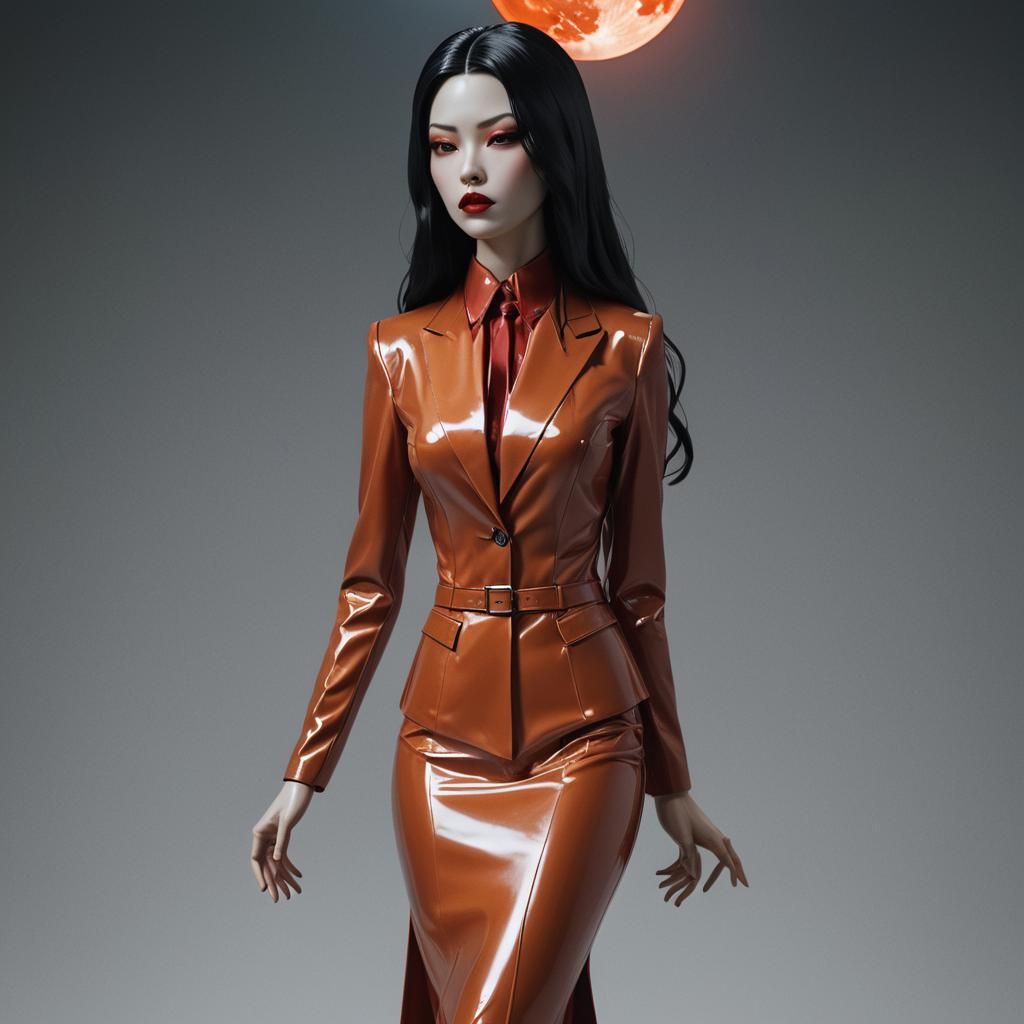 Elegant Mannequin in Latex Suit Under Blood Moon