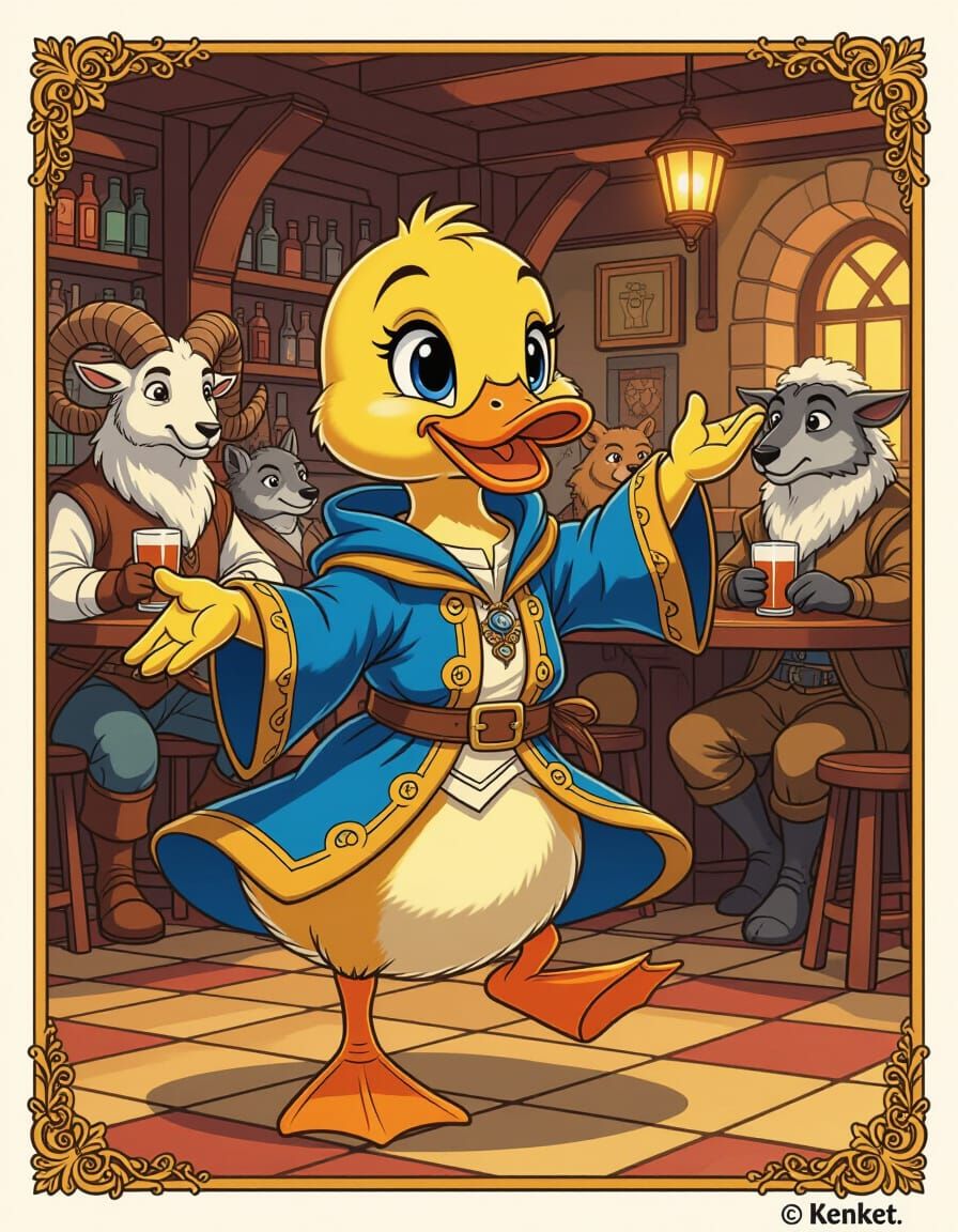 Anthropomorphic Duckling Dances in Fantasy Pub Illustration