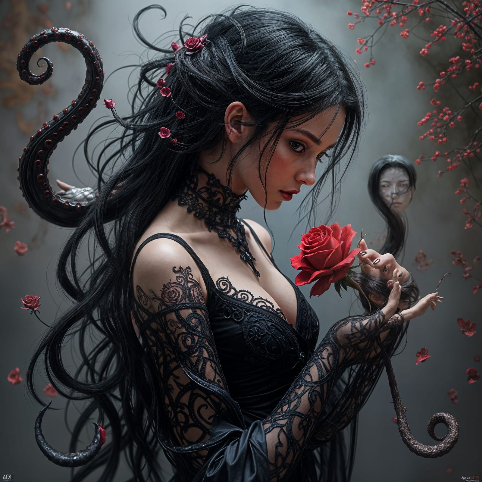 Gothic Octopus Rose Maiden in 3D Anime Style