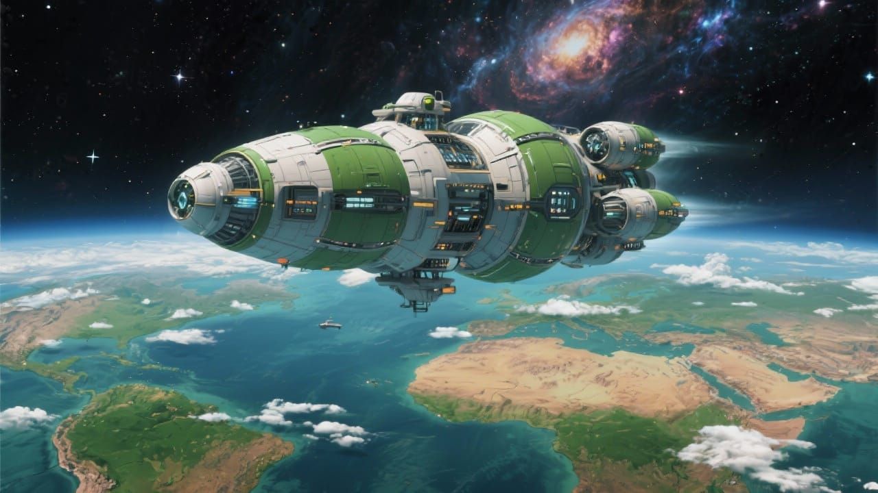 Futuristic Alien Starship Over Earth