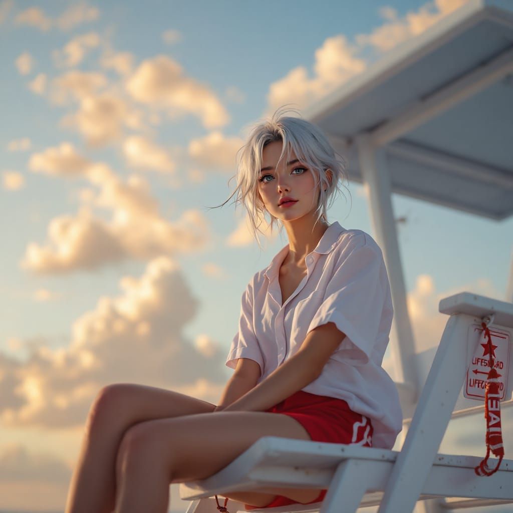 Lifeguard Girl with White Hair in Golden Hour Light
