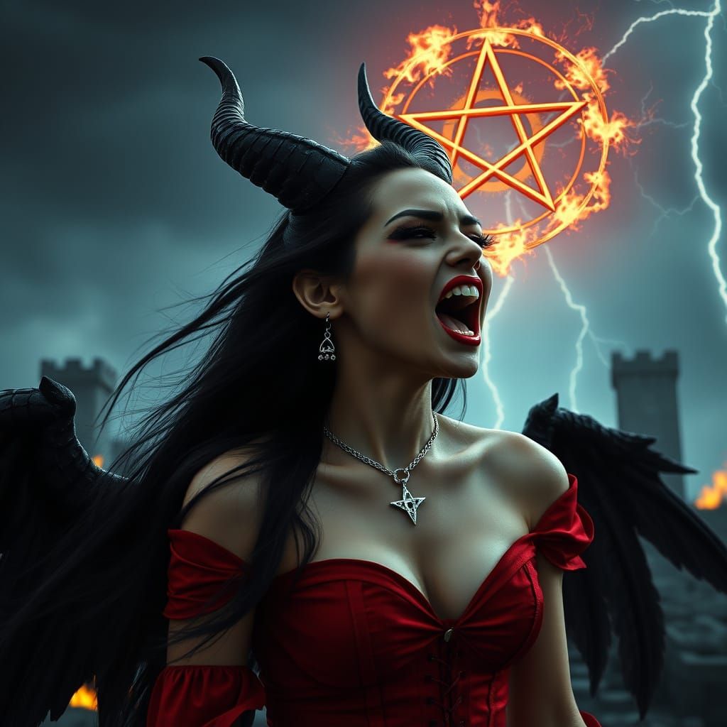 Dramatic Goddess Screaming in Burning City