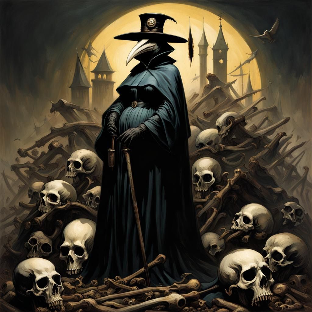 Plague Doctor Stands on Bones in Horror Style