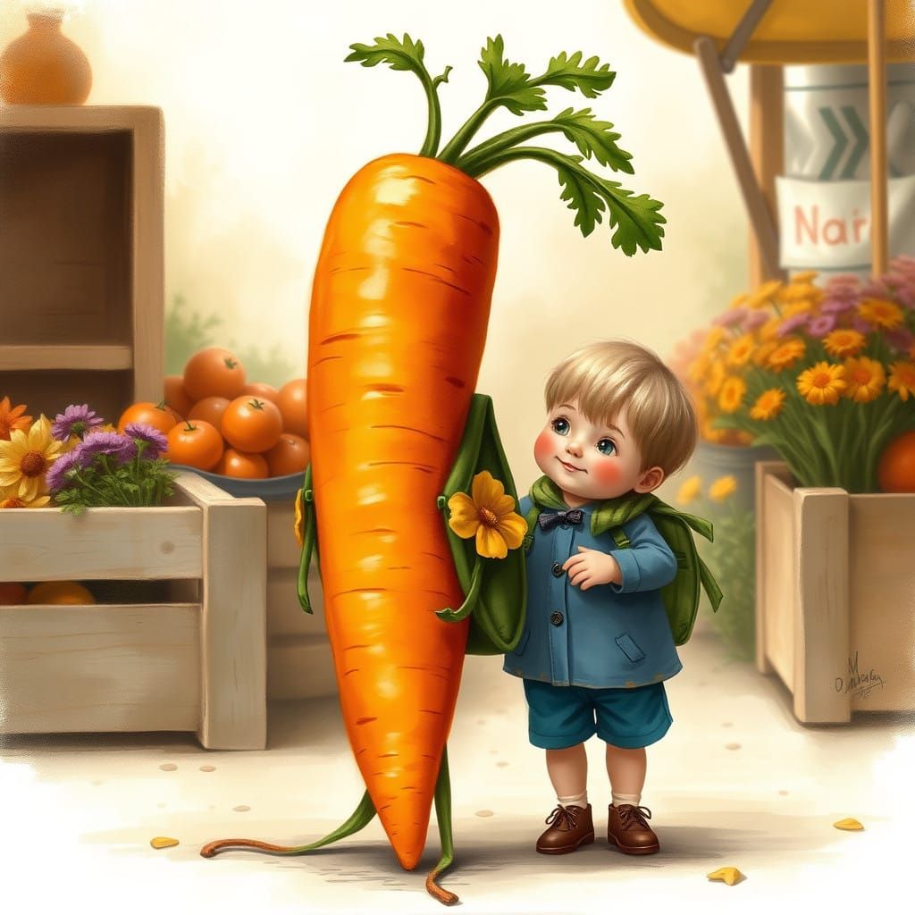 Whimsical Farmer's Market Scene: Carrot and Child Friendship