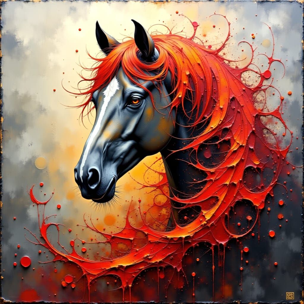 Majestic Horse with Flame Mane in Impasto Oil Painting