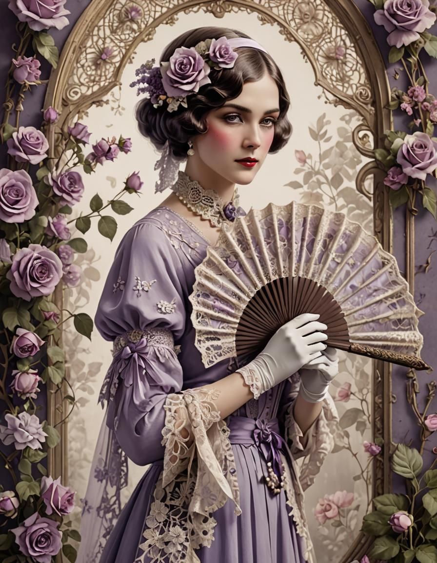 Vintage 1920s Woman with Lace Fan, Detailed Matte Painting