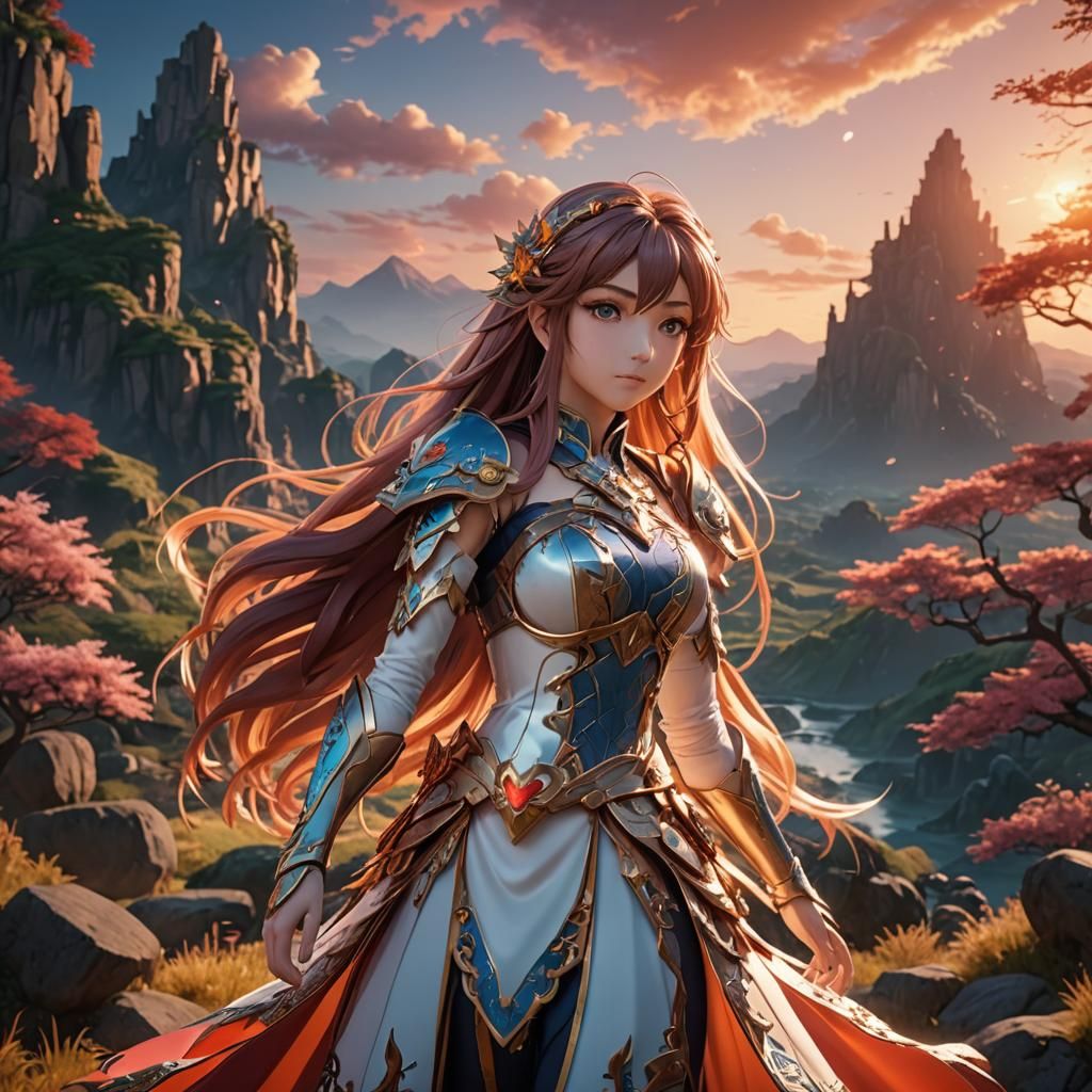 Anime Girl Hero in Fantasy Landscape