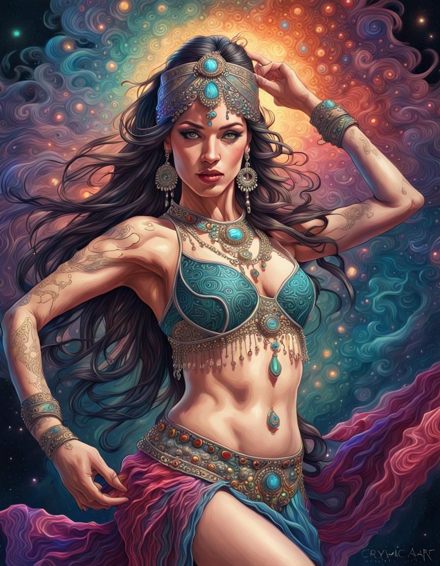 Fairycore Bellydancer Portrait in Cosmic Pop-Art Style