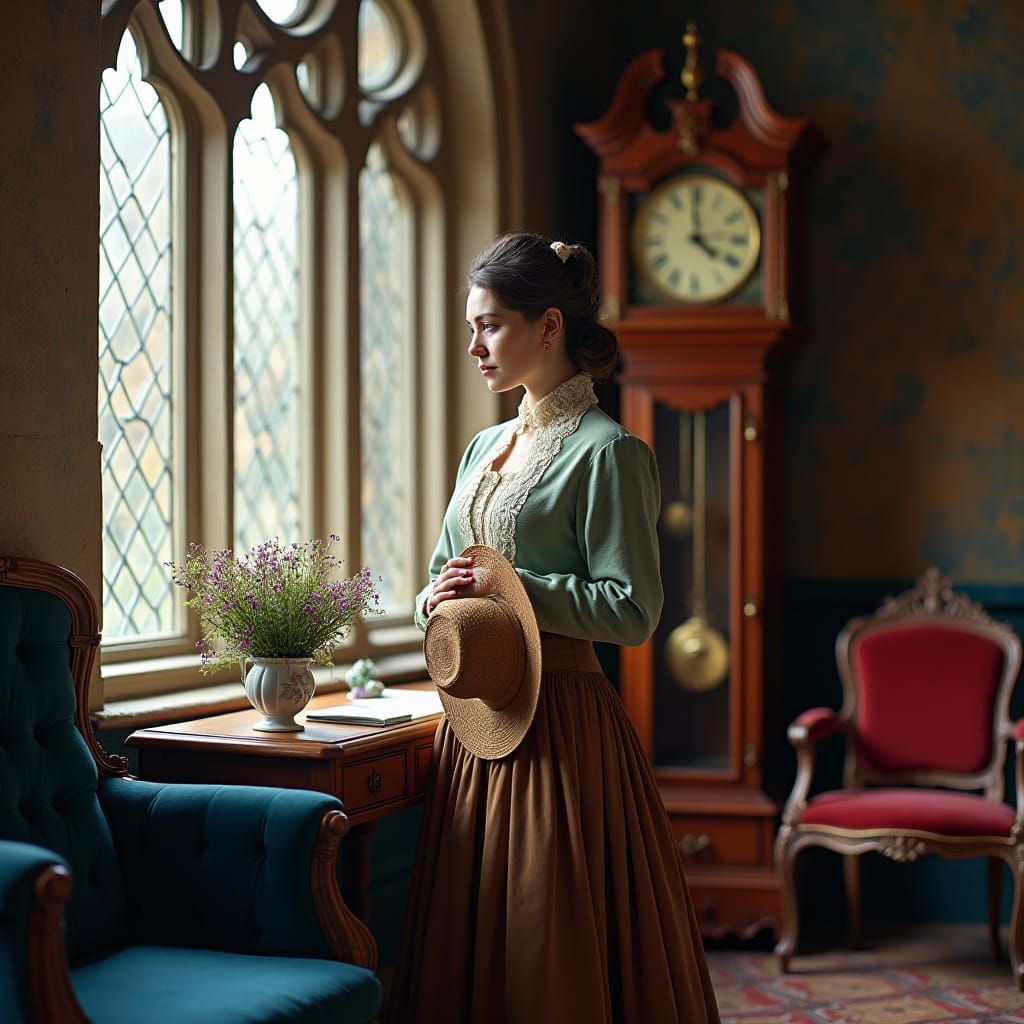 Victorian Lady with Gothic Window and Garden Hat
