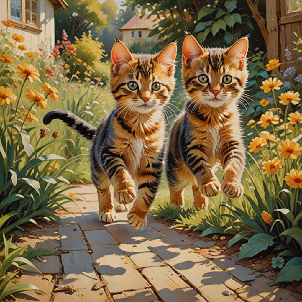 Kittens Chase Mouse in Sunny Impressionist Garden