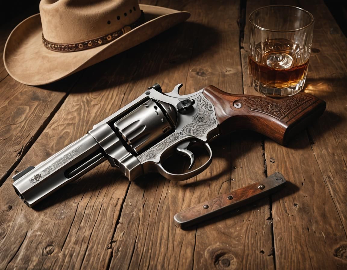 Revolver, Cowboy Hat, and Whiskey Still Life